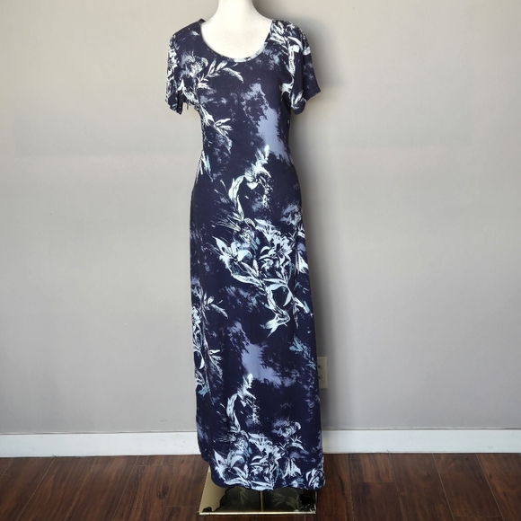 Novella Royale Floral Hawaiian Print Blue Asymmetrical Maxi Short Sleeve Dress - Picture 10 of 11